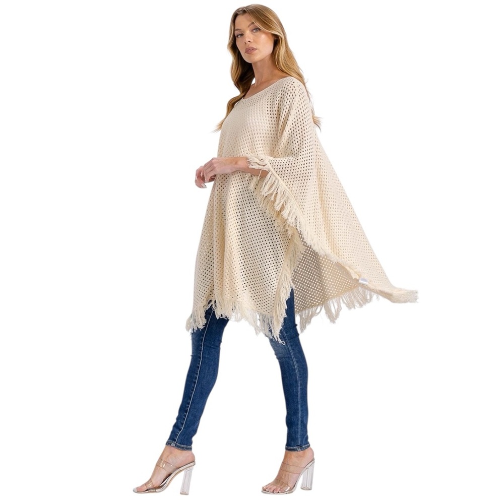 Cream Open Knit Fringe Poncho Cover Up Boho Oversized One Size NWT - Picture 4 of 7